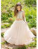 Two Piece Gold Sequin Champagne Tulle Boho Flower Girl Dress Two Piece Gold Sequin Champagne Tulle Boho Flower Girl Dress